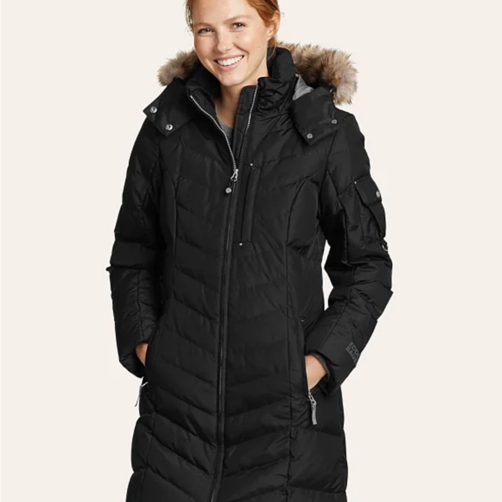 Eddie Bauer | Black Down Puffer Coat with Faux Fur Trim Hood